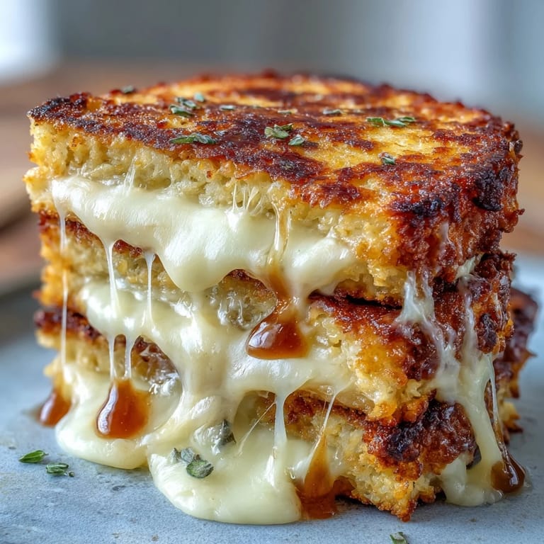 Cheesy cauliflower bread grilled cheese with gooey cheese oozing between crispy, golden cauliflower slices, ideal for gluten-free and keto diet meal ideas.
