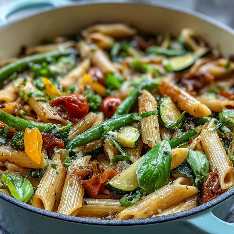 Creamy vegan pasta primavera cooked in a single pot with seasonal vegetables, finished with bright lemon zest and fresh basil.