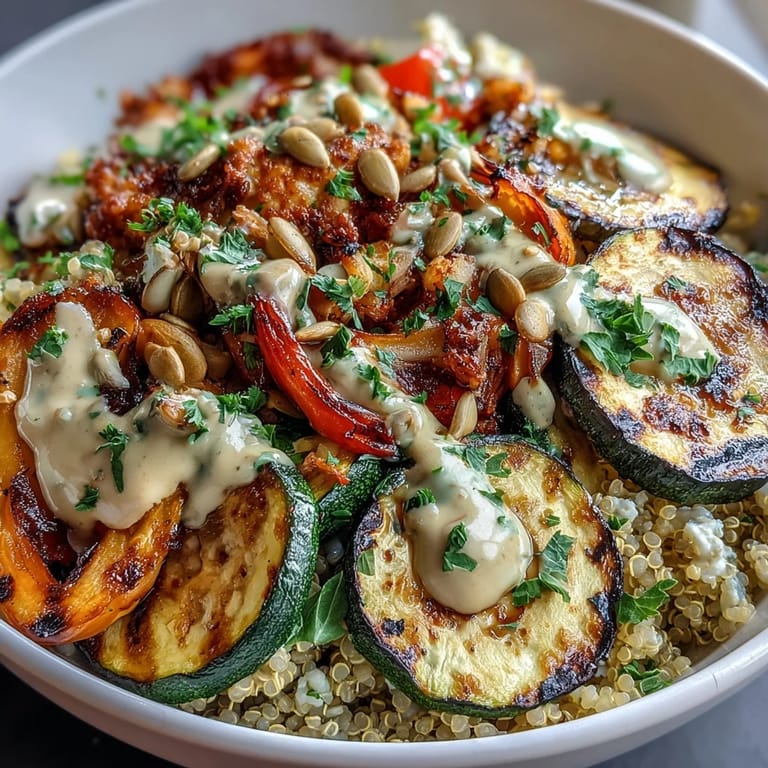 Wholesome Mediterranean-inspired quinoa bowls topped with charred vegetables and a zesty lemon-tahini sauce.  