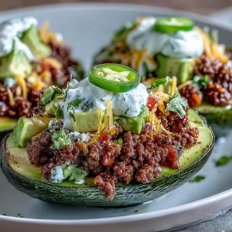 Vibrant Keto Taco Stuffed Avocados with Sour Cream and Salsa, showcasing ripe avocado halves loaded with spiced taco meat, melted cheese, and zesty toppings for a satisfying dish.