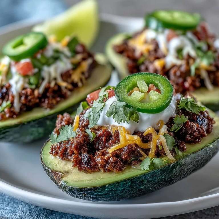 Delicious Keto Taco Stuffed Avocados with Sour Cream and Salsa, a Mexican-inspired recipe with hearty ground beef, fresh vegetables, and creamy avocado for a quick, flavorful meal.