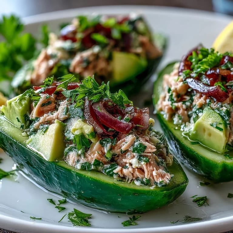 Crisp cucumber halves stuffed with zesty tuna avocado salad, garnished with fresh herbs for a healthy gluten-free lunch.