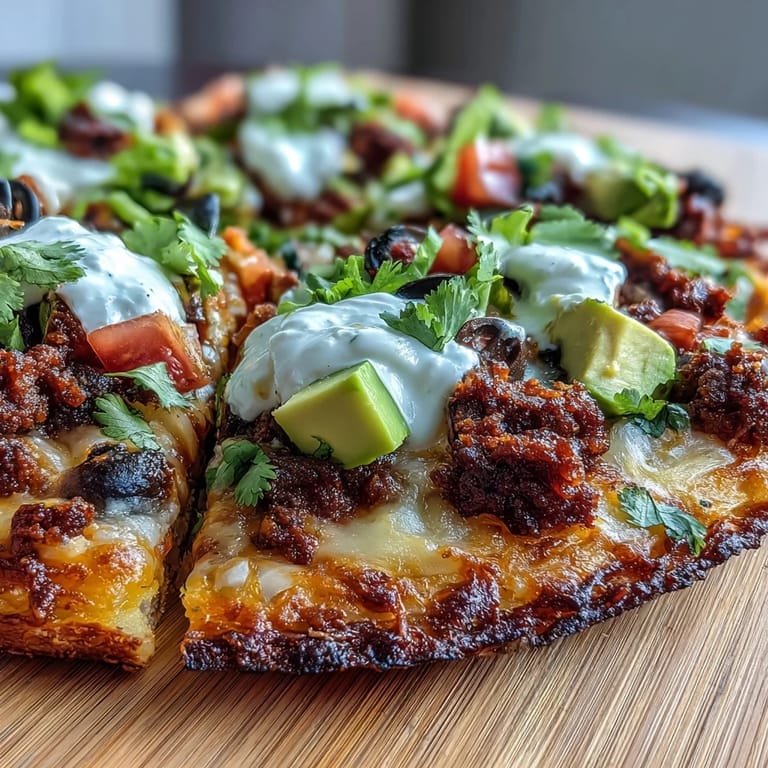 Savory keto taco pizza with a crunchy cheddar-mozzarella crust, layered with beef, veggies, and creamy toppings.