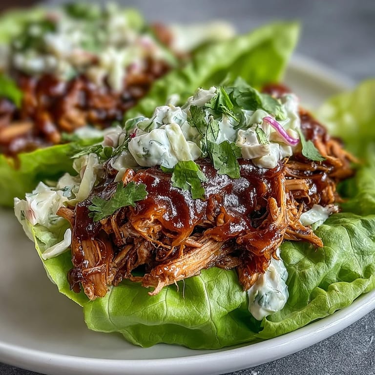 Smoky BBQ jackfruit served in crisp lettuce cups with a colorful mix of green and purple cabbage slaw for a refreshing twist.