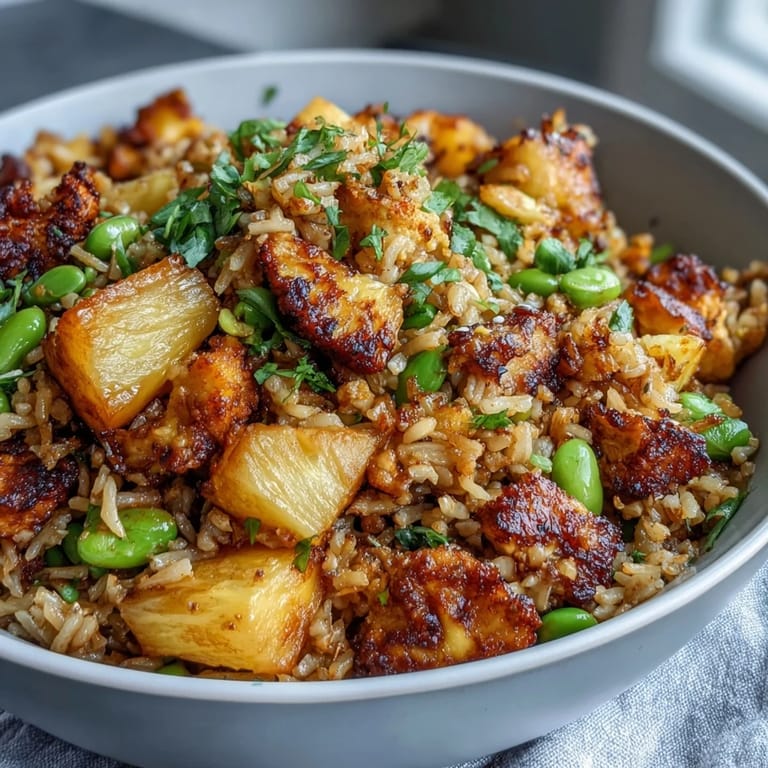 Wholesome, gluten-free pineapple cauliflower fried rice packed with edamame, bell peppers, and a hint of ginger for a satisfying meal.  