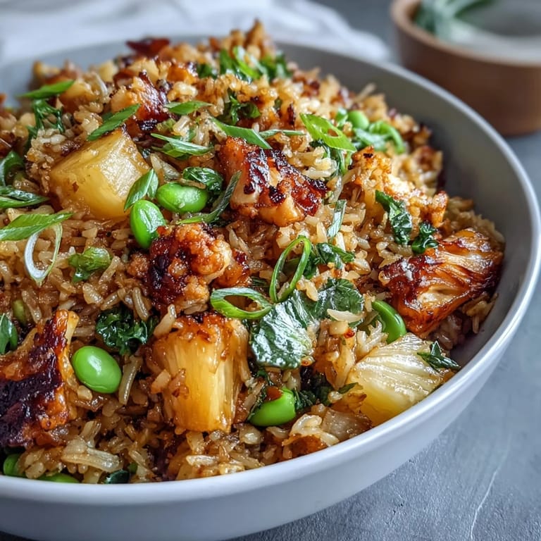 Healthy vegan pineapple fried rice featuring riced cauliflower, sweet pineapple chunks, and protein-rich edamame, served with lime wedges for zest.