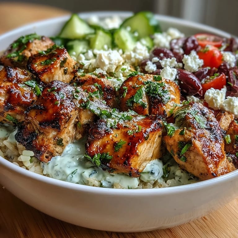 Colorful Greek chicken souvlaki bowls topped with creamy tzatziki, crisp veggies, and feta cheese for a vibrant lunch.