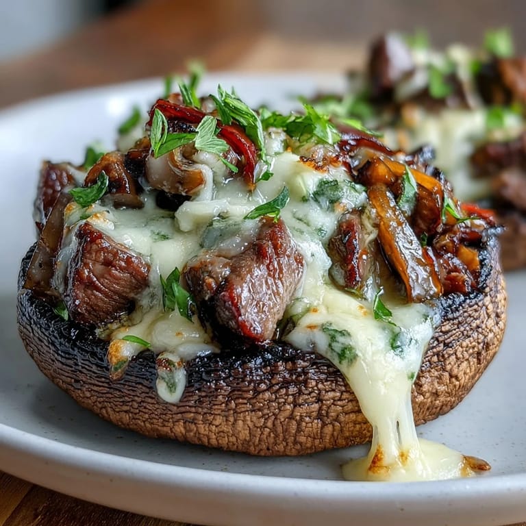 Low-carb stuffed portobello mushrooms loaded with savory ribeye, caramelized onions, bell peppers, and gooey melted cheese for a hearty meal.