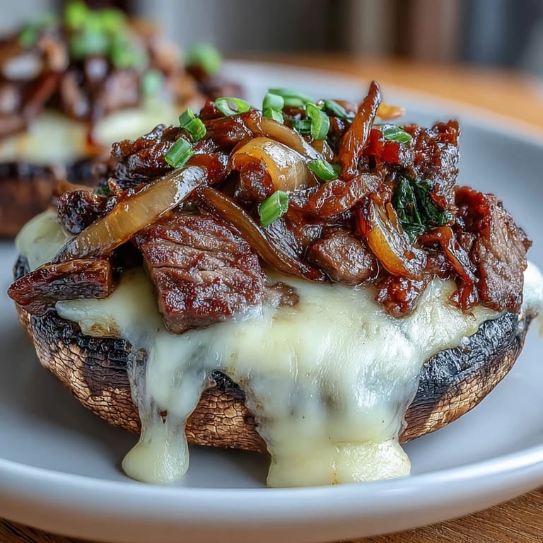 Savory steak and pepper filling nestled inside roasted portobello caps, topped with bubbling provolone cheese for a delicious keto dinner.