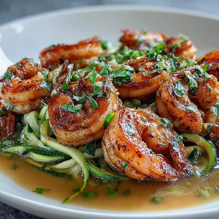 Succulent shrimp sautéed in garlic butter, paired with tender zucchini noodles for a flavorful keto-friendly dinner.