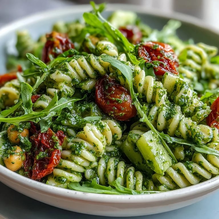 A vibrant bowl of vegan pesto pasta salad featuring chickpeas, peppery arugula, and juicy cherry tomatoes, tossed in a rich, dairy-free sauce.  