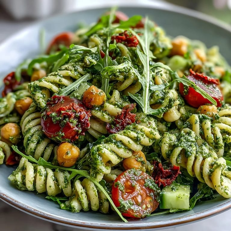 Hearty chickpea pasta salad with creamy vegan pesto, fresh arugula, and colorful veggies, perfect for a satisfying, easy-to-make lunch or dinner.