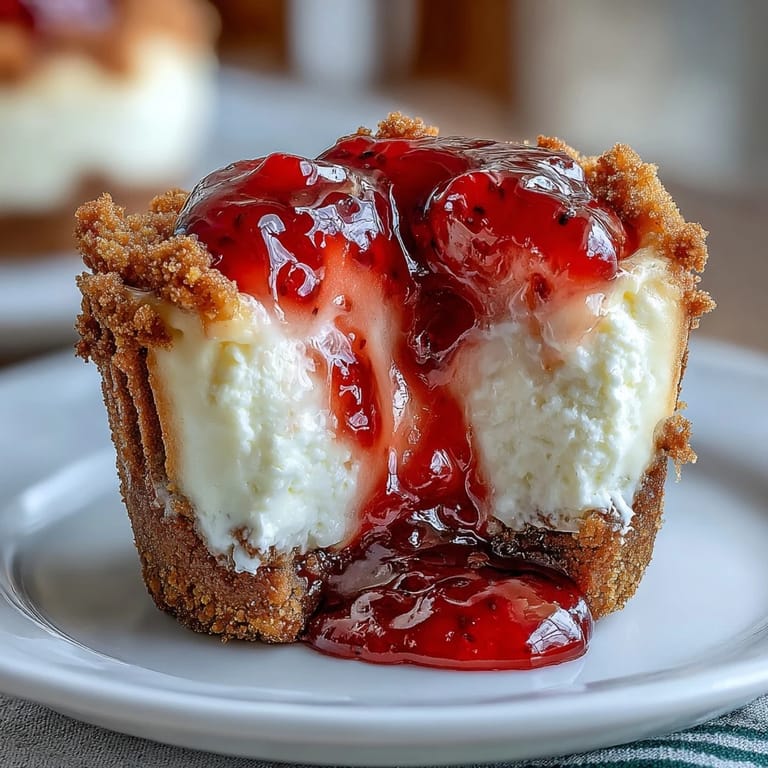 Delicious protein-packed cheesecake bites with graham cracker crust and strawberry topping, perfect for dessert.  