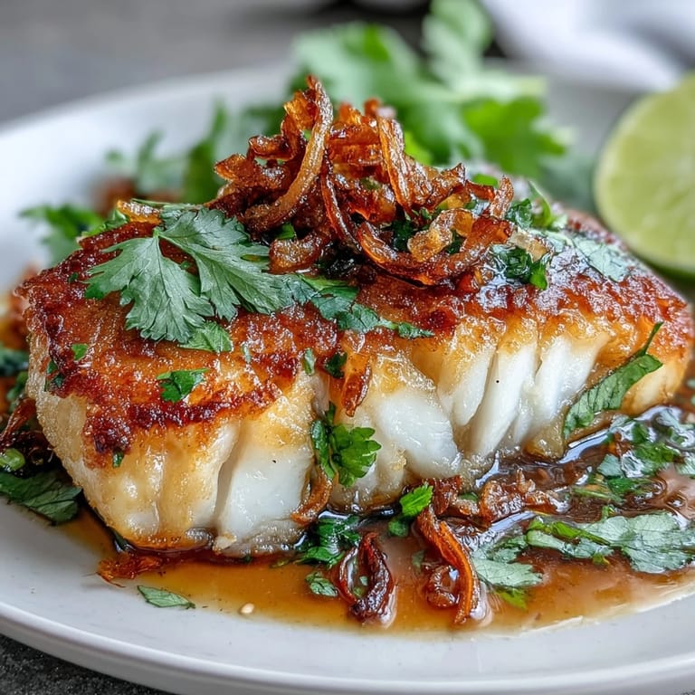 Golden pan-seared white fish glazed with tangy chilli-lime sauce and garnished with bright herbs and crunchy shallots.