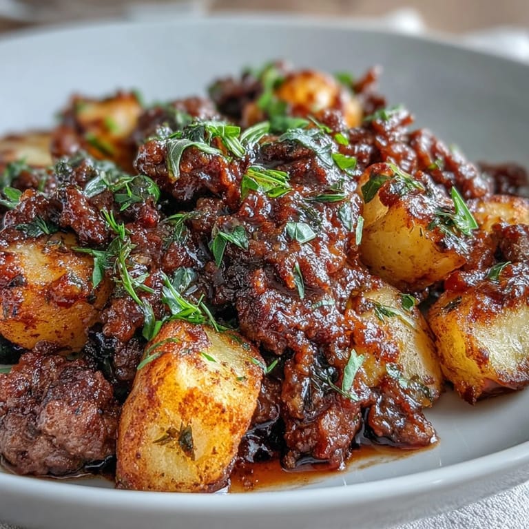 Golden-brown diced potatoes and seasoned ground beef create a hearty, protein-rich skillet meal.  