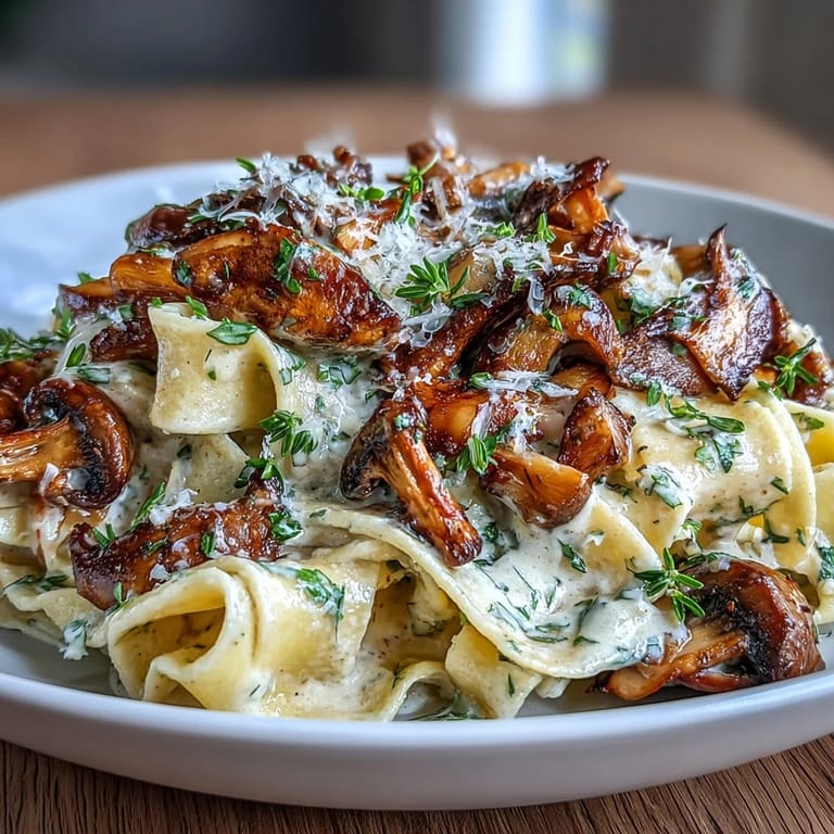 One-pot vegetarian pappardelle in a velvety cream sauce, tossed with sautéed mushrooms, garlic, and thyme for a comforting, elegant dinner.