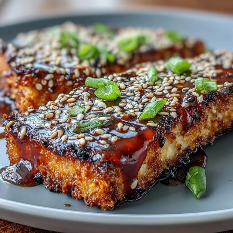 Vegan sesame crusted tofu steaks with a golden brown crust, rich teriyaki glaze, and vibrant scallion garnish, served with steamed rice.