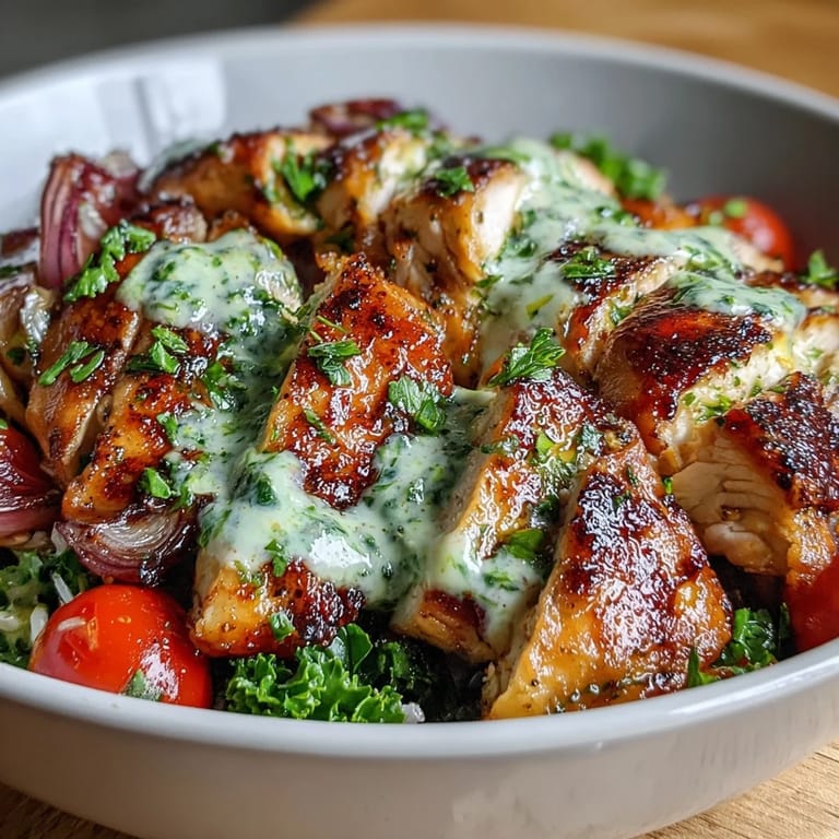 A colorful Chimichurri Grilled Chicken Bowl featuring tender chicken slices, bright chimichurri, rich garlic sauce, and a medley of fresh tomatoes and caramelized roasted vegetables.