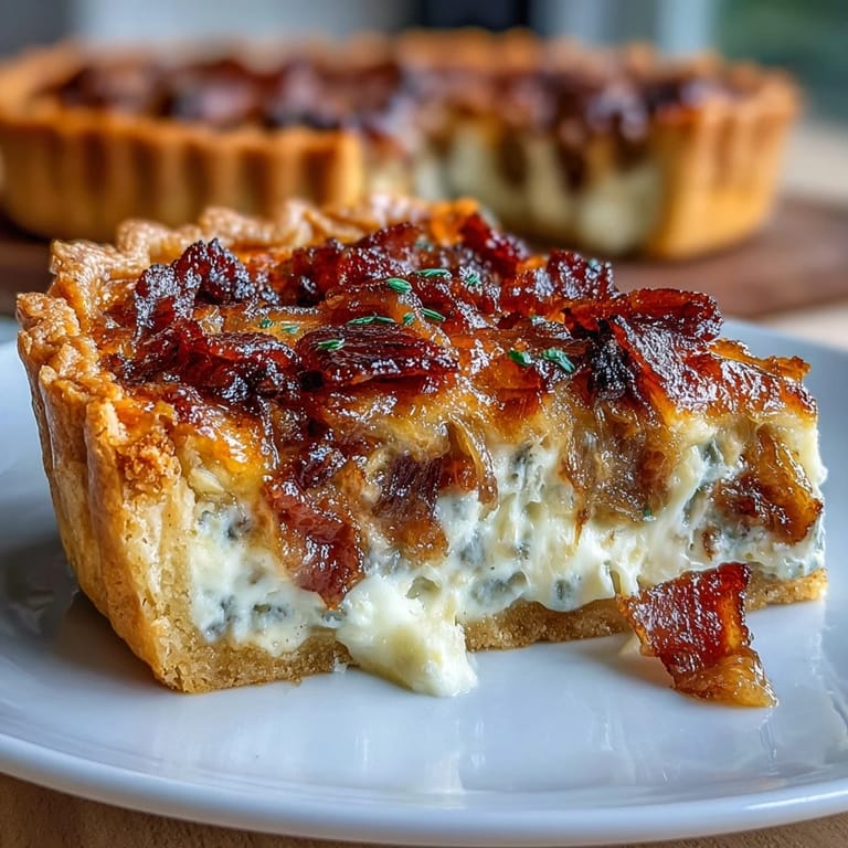 Rich quiche slice showcasing layers of custard, bacon, and tender golden onions in buttery crust.