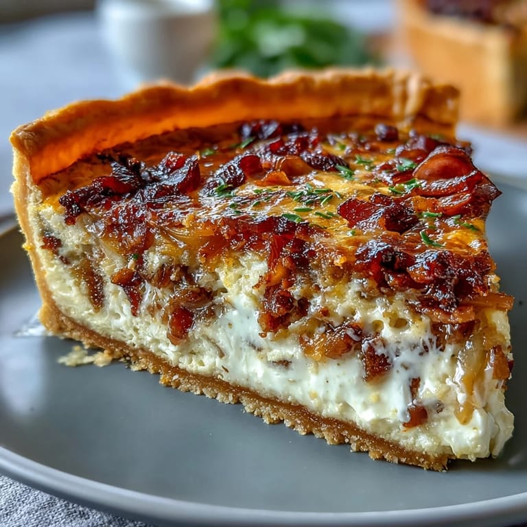 Flaky quiche tart filled with sweet caramelized onions, smoky bacon, and melted Gruyère cheese.  