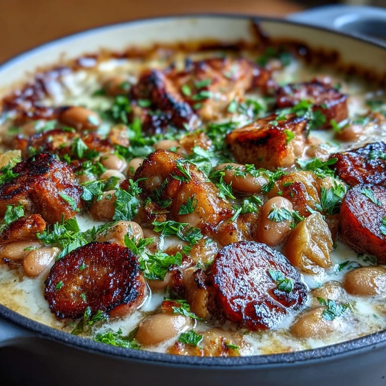 Slow-cooked Ham and White Bean Cassoulet with crispy breadcrumbs and rich, herb-infused broth in a traditional Dutch oven.