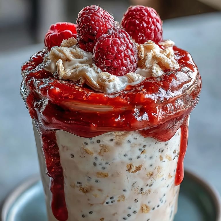 Vibrant raspberry chia overnight oats in a jar, topped with fresh berries and crunchy almonds.