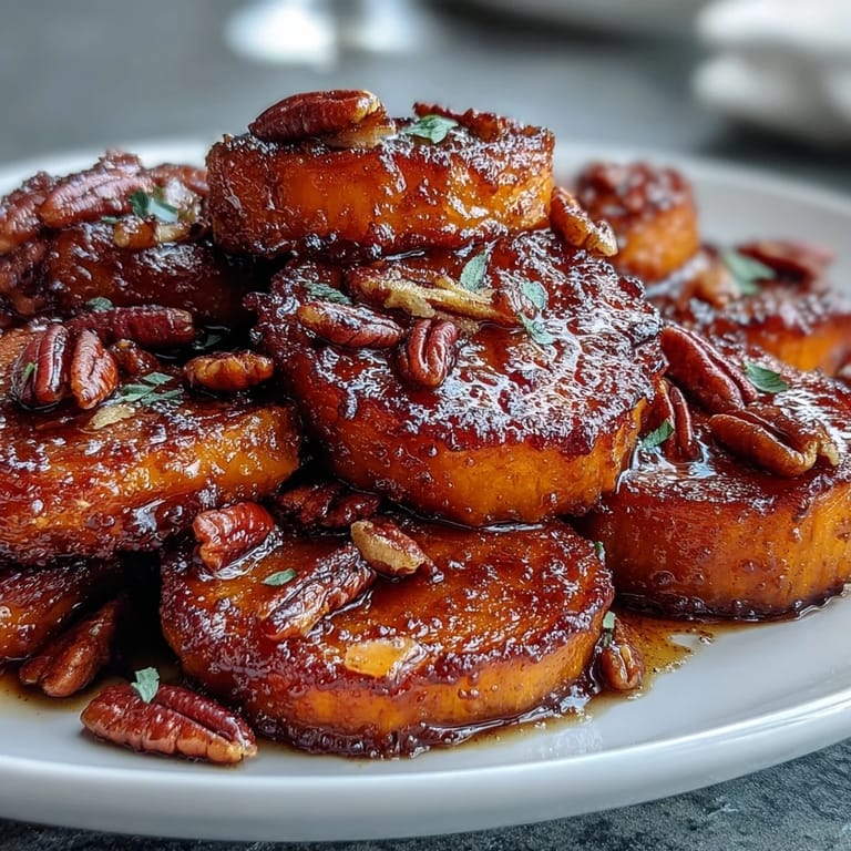 2. Sweet yams coated in rich cinnamon-maple glaze, topped with golden toasted pecans for a crunchy contrast in this classic American recipe.