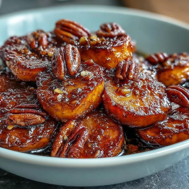 3. Oven-baked candied yams glistening with brown sugar glaze and garnished with fragrant toasted pecans, perfect for festive gatherings or cozy dinners.