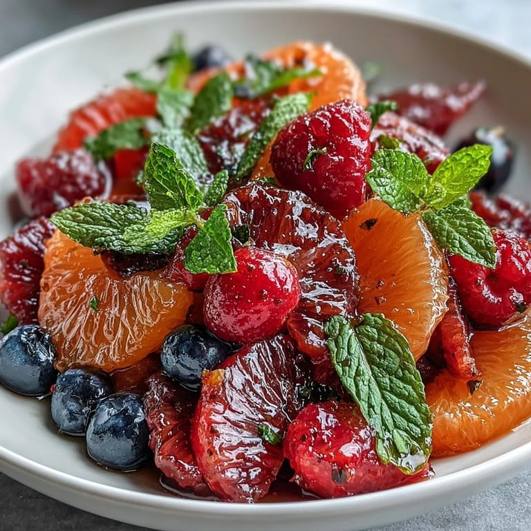 Colorful citrus and berry salad with fresh mint, showcasing a medley of seasonal fruits perfect for brunch or dessert.