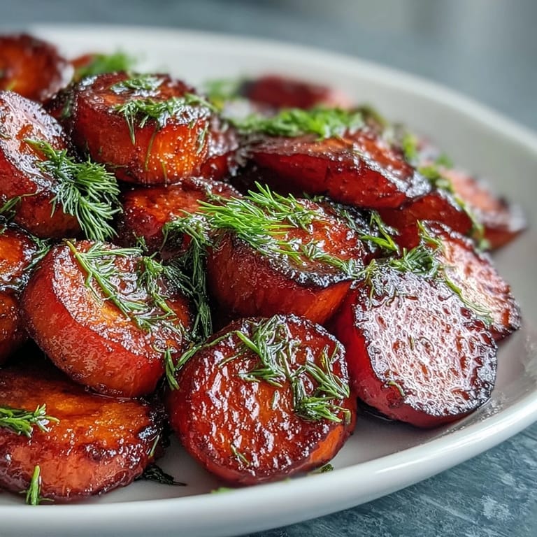 Tender carrots coated in a sweet citrus honey glaze, garnished with fragrant fresh dill for extra flavor.  