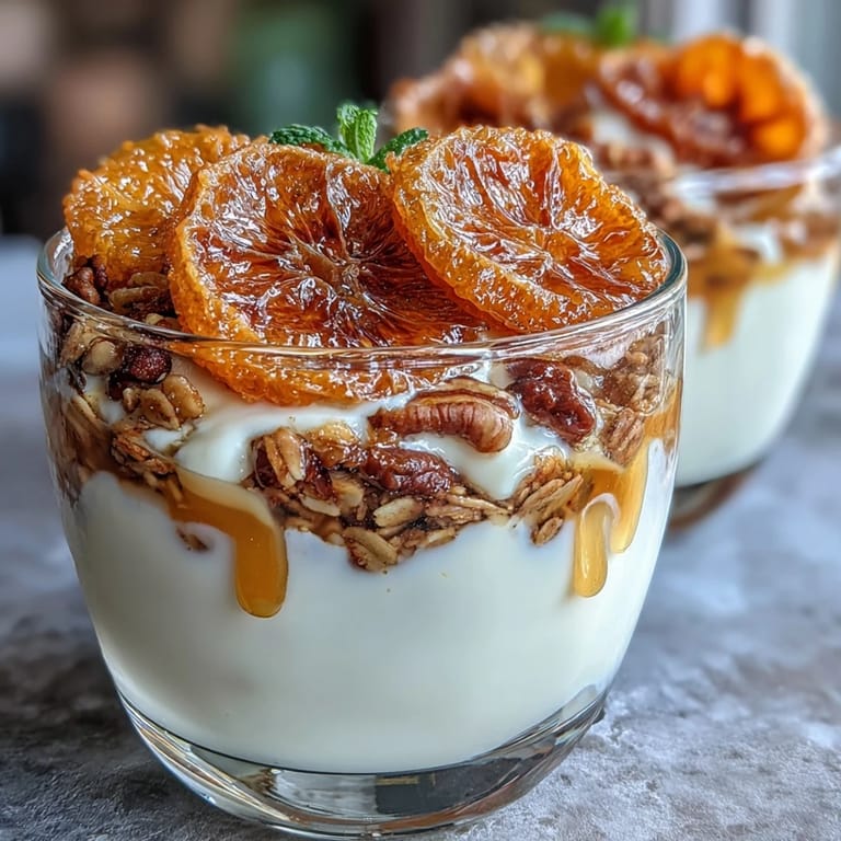 Vibrant candied orange yogurt parfait topped with golden granola crunch, offering a refreshing and wholesome treat.