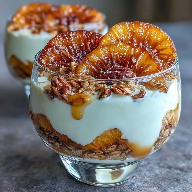 Creamy vanilla yogurt parfait with bright candied oranges and toasted almond granola, perfect for a light dessert.