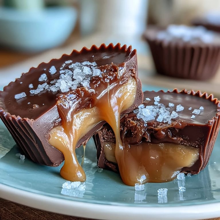 Gourmet salted caramel peanut butter cups featuring creamy filling, golden caramel, and a sprinkle of sea salt for an irresistible treat.