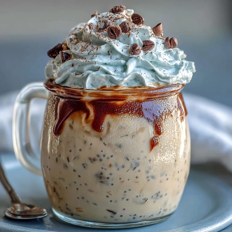 Vanilla-infused coffee oats layered with chia seeds and topped with whipped cream and chocolate chips.  