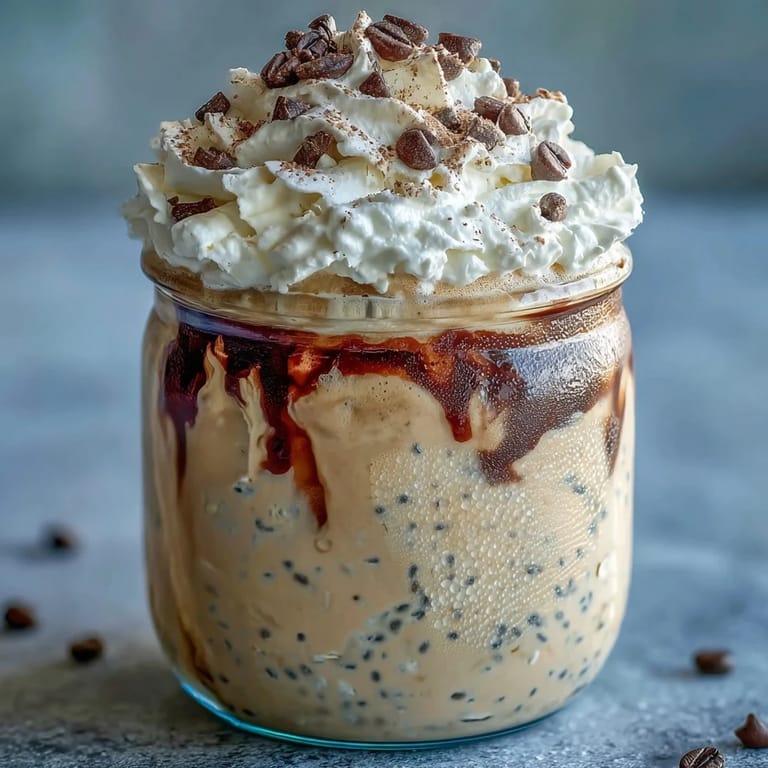 Grab-and-go breakfast jar with vanilla bean frappuccino overnight oats, espresso, and a dusting of cocoa nibs.