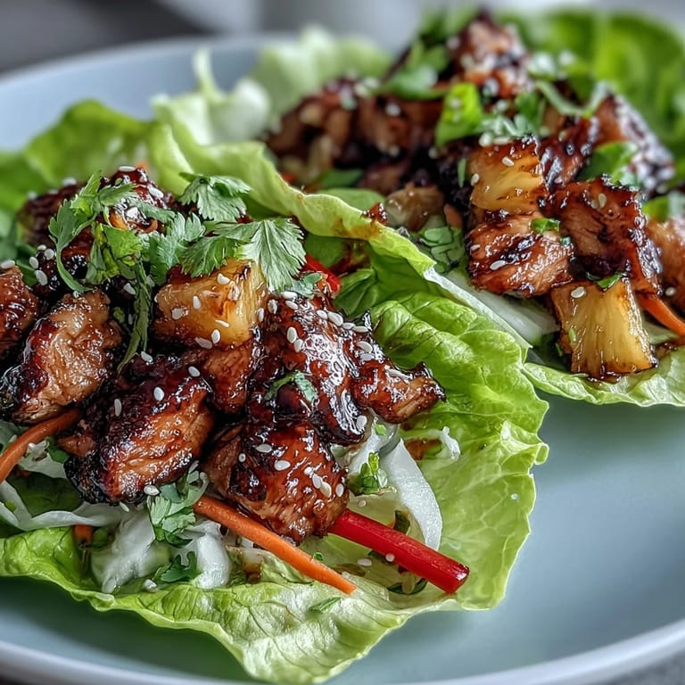 Savory teriyaki-glazed chicken, sweet pineapple, and fresh herbs wrapped in lettuce for a light dinner.