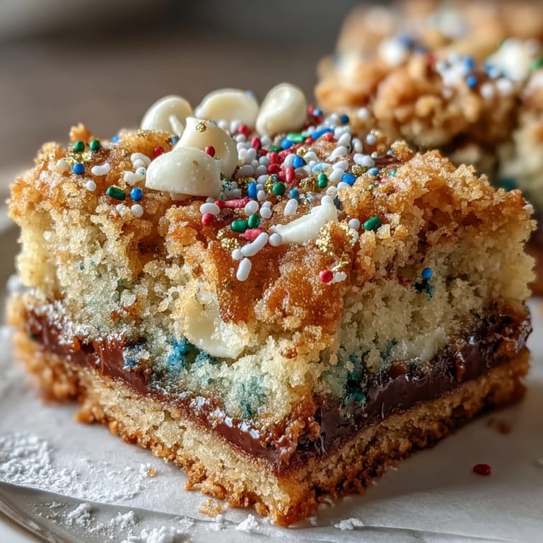 Festive St. Patrick's Day dessert bars featuring rainbow sprinkles, melted white chocolate, and a soft, buttery cookie base.