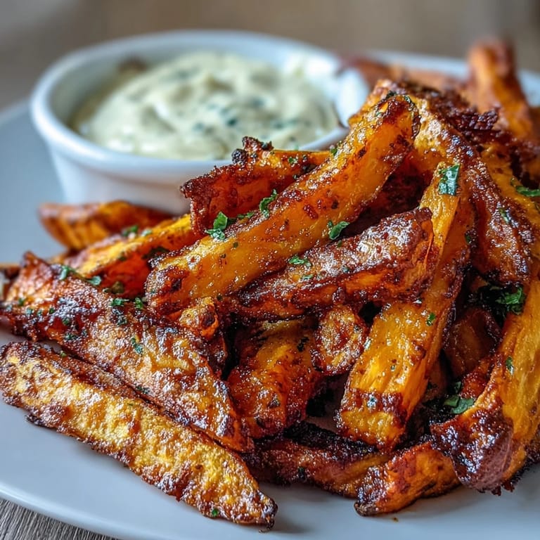 Crispy air fryer sweet potato fries with zesty garlic aioli dip, a flavorful and gluten-free snack ready in just 35 minutes.