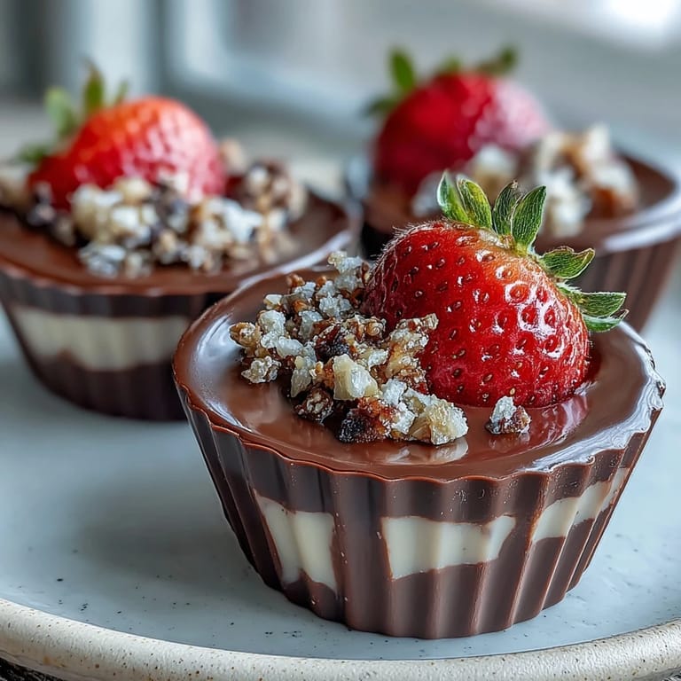 Elegant strawberry-filled chocolate cups with rosewater, orange zest, and golden pistachio crunch—a decadent fusion dessert perfect for special occasions.