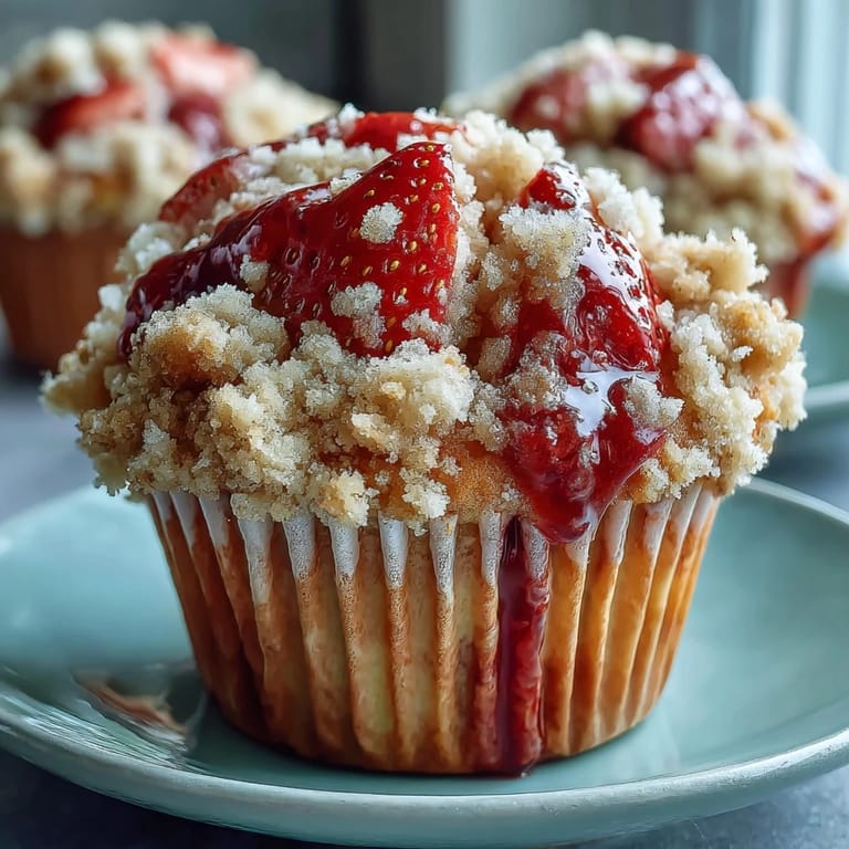 Moist muffins bursting with juicy strawberries and finished with a buttery, crunchy crumble.
