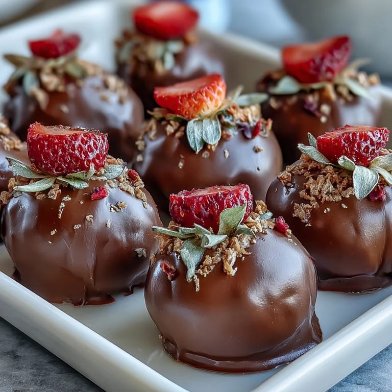 Luxurious dark chocolate truffles blended with strawberry and decorated with edible gold dust, perfect for special occasions.