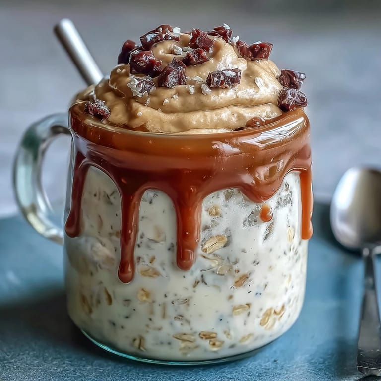 Coffee-infused vanilla overnight oats layered in a jar, topped with whipped cream and mini chocolate chips for a decadent dessert.