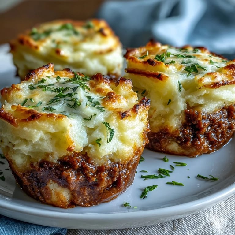 Savory individual Shepherd's pies baked in muffin tins, featuring rich ground beef filling topped with creamy, buttery mashed potatoes.