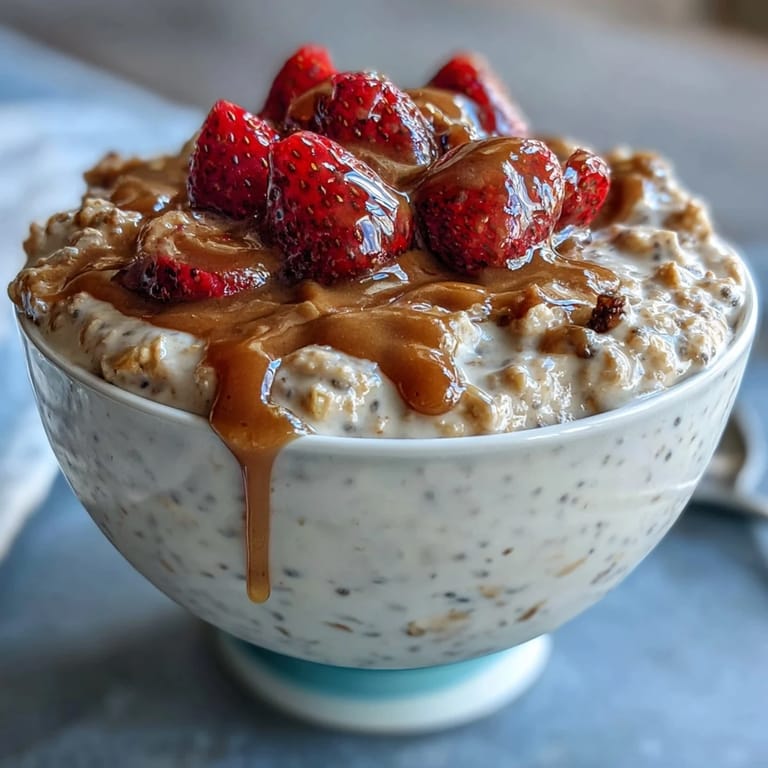 A jar of strawberry chia overnight oats, topped with fresh fruit and coconut flakes, ready to fuel your morning.