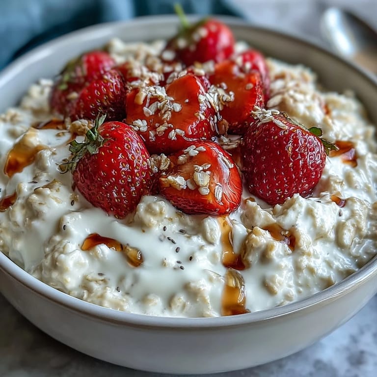 Velvety strawberry and chia overnight oats, garnished with nuts and extra berries, perfect for a nutritious, easy breakfast.