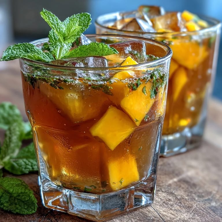 Mango Peach Iced Tea with Mint: A tall glass filled with golden-orange iced tea, garnished with mint leaves and peach slices, perfect for warm-weather enjoyment.