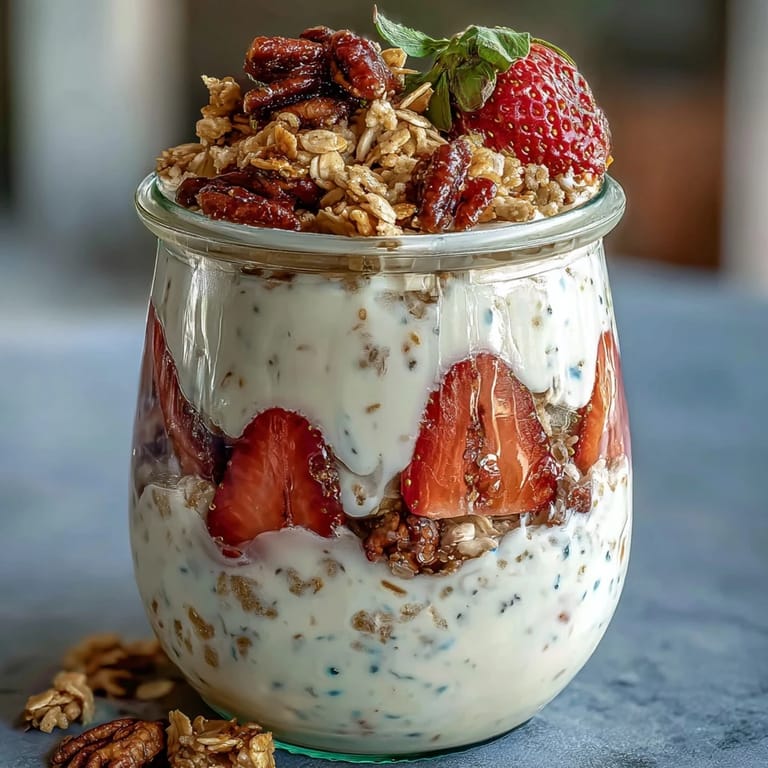 Creamy strawberry overnight oats with chia seeds and crunchy granola, perfect for a quick and nutritious make-ahead breakfast.