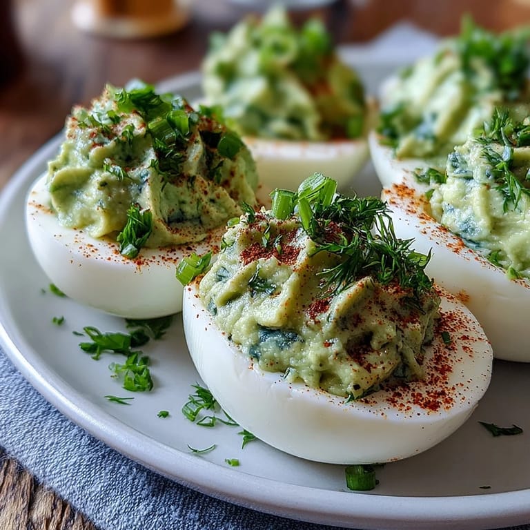 Bright and fresh avocado deviled eggs with lemon and herbs, perfect for healthy party platters.