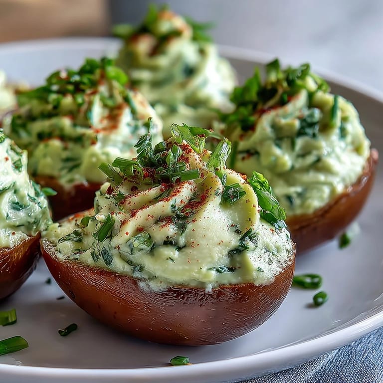 Silky avocado filling piped into classic egg whites, topped with paprika for a colorful spring snack.