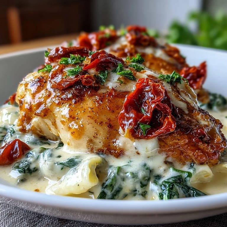 One-pan Creamy Tuscan Chicken Skillet featuring juicy chicken, sun-dried tomatoes, and wilted spinach in a garlic cream sauce.